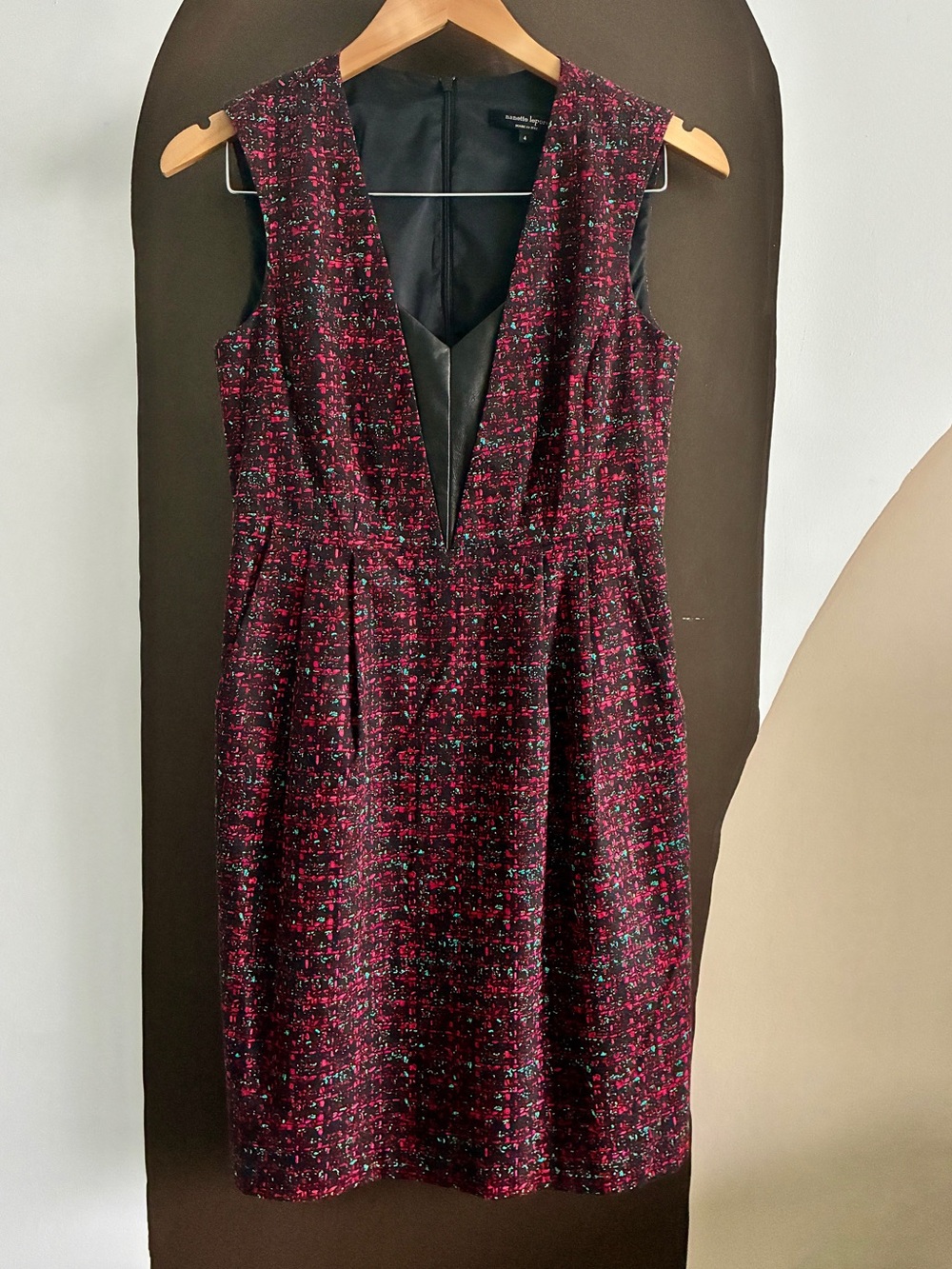 Nanette Lepore Red and black tweed Fit & Flare Dress Size 4 Leather Detail